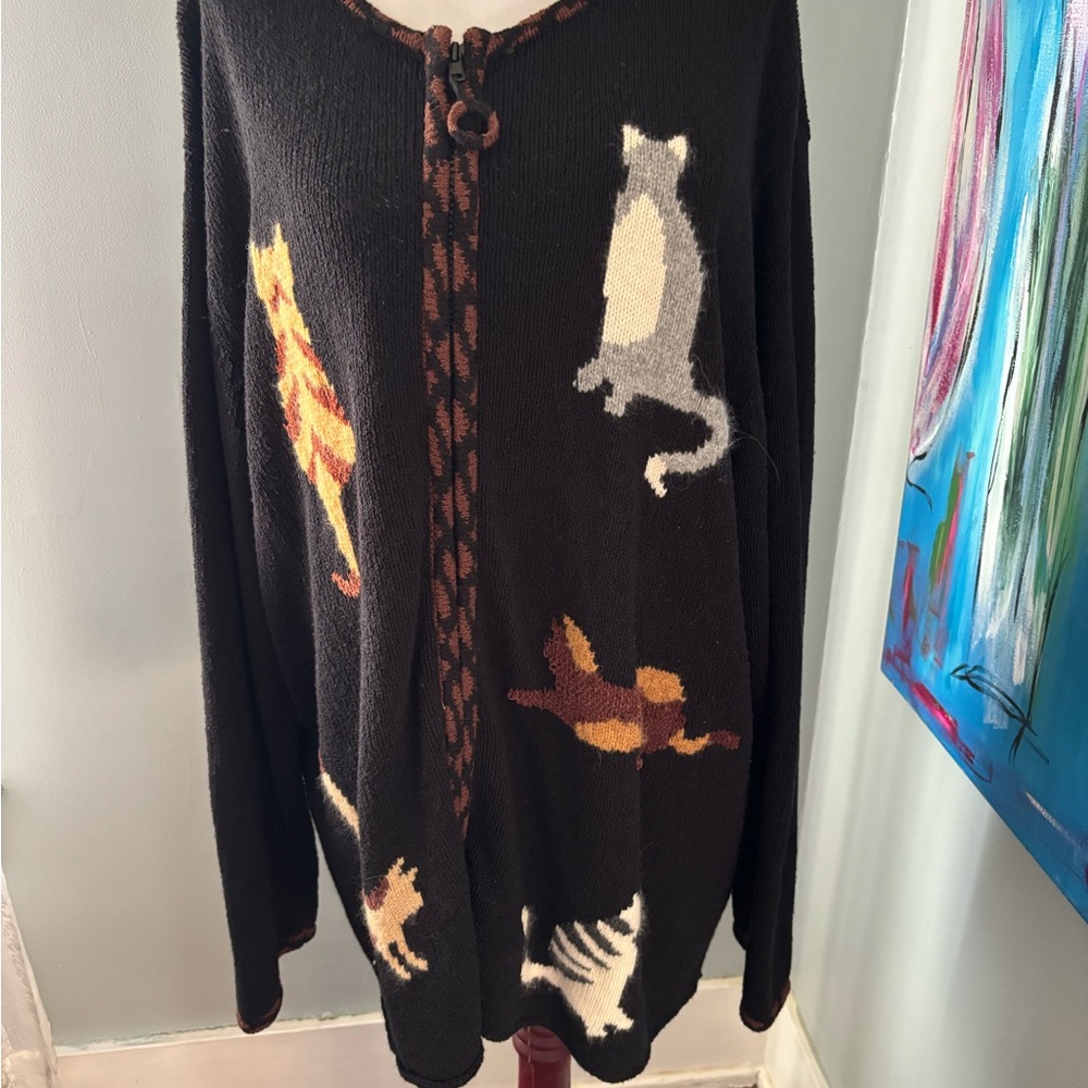Coldwater creek womens 3X zip cardigan sweater black cat theme kitty cats